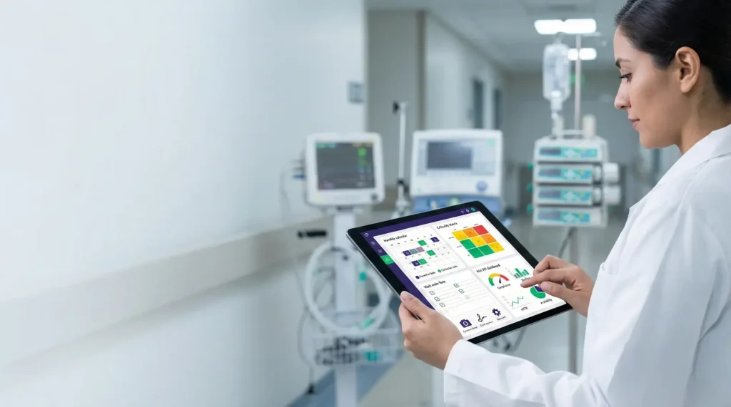 Profesional en hospital revisando en una tablet un dashboard CMMS para mantenimiento a equipo medico, con calendario, criticidad y KPIs de desempeño