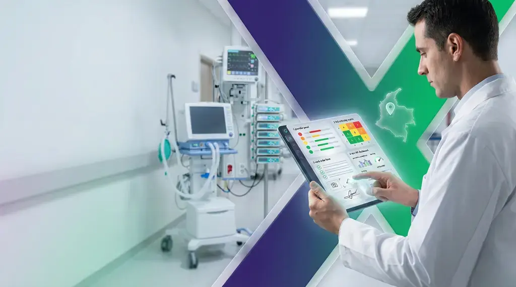 mantenimiento biomedico: ingeniero clínico usando tablet con CMMS para registrar órdenes de trabajo, evidencia y control de equipos médicos en hospital