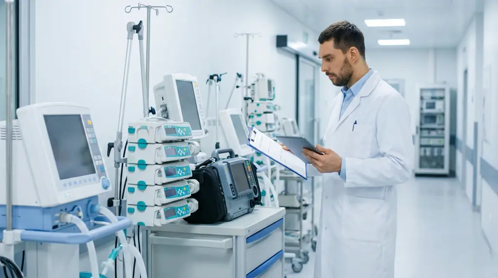 Mantenimiento preventivo a equipo médico: ingeniero clínico revisa checklist y registra inspección de monitores, bombas de infusión y ventiladores en un área hospitalaria.