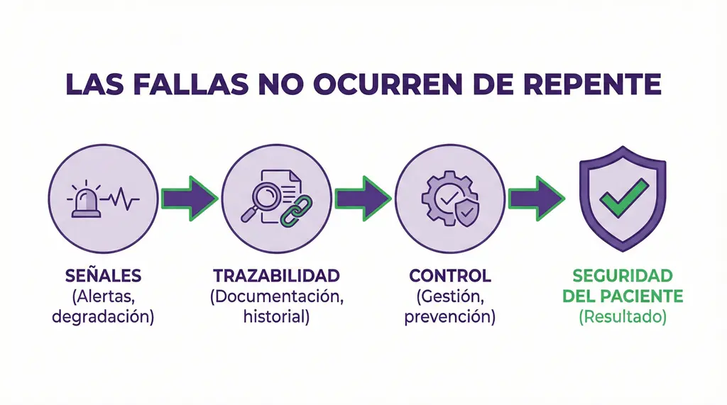 Mantenimiento preventivo a equipo médico: diagrama “Las fallas no ocurren de repente” con etapas de señales, trazabilidad, control y resultado en seguridad del paciente.