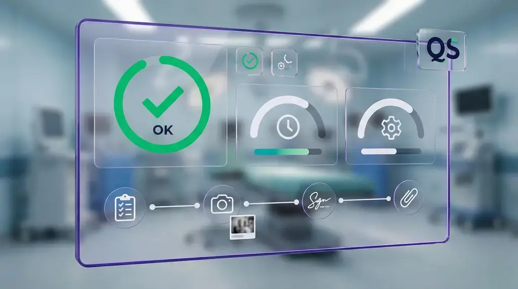 Mantenimiento preventivo y correctivo de equipos médicos: panel digital con estado OK, checklist, evidencia fotográfica, firma y adjuntos para cerrar órdenes de trabajo.