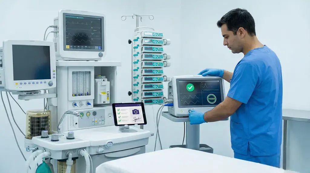 Mantenimiento preventivo y correctivo de equipos médicos: técnico realiza verificación y pruebas funcionales a equipos críticos (anestesia/monitoreo) con checklist digital en hospital