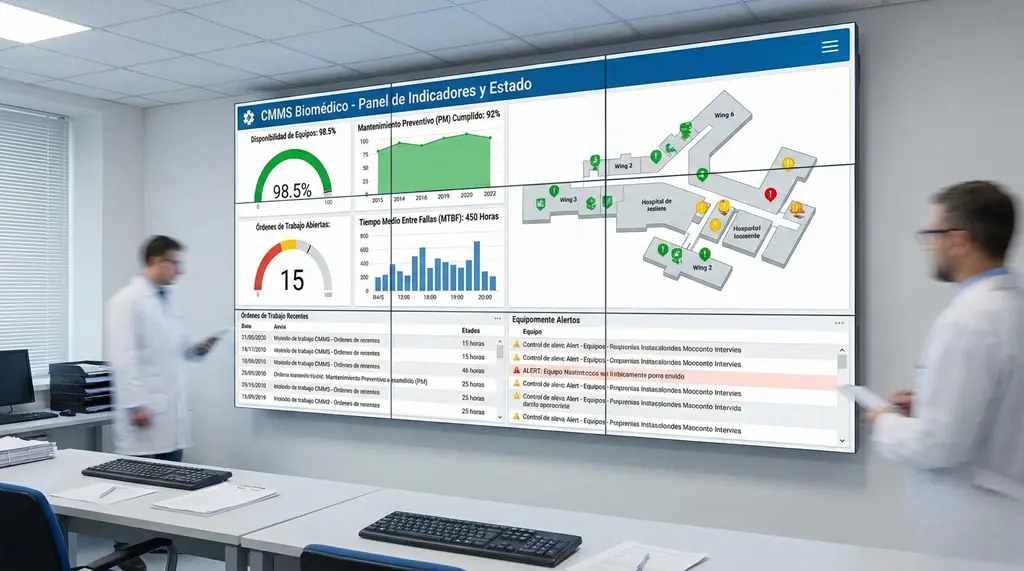 Panel tipo CMMS con indicadores de mantenimiento y estado de equipos biomédicos.