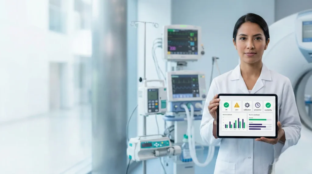 Qué es biomédica: ingeniera biomédica en entorno hospitalario mostrando en una tablet un panel con alertas, calibración, mantenimiento preventivo y disponibilidad de equipos médicos.