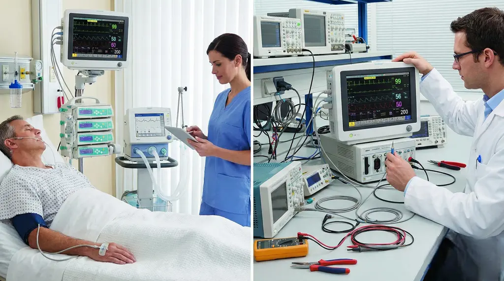 Dispositivos biomédicos en contexto clínico y de laboratorio (monitor de signos vitales y tecnología médica).