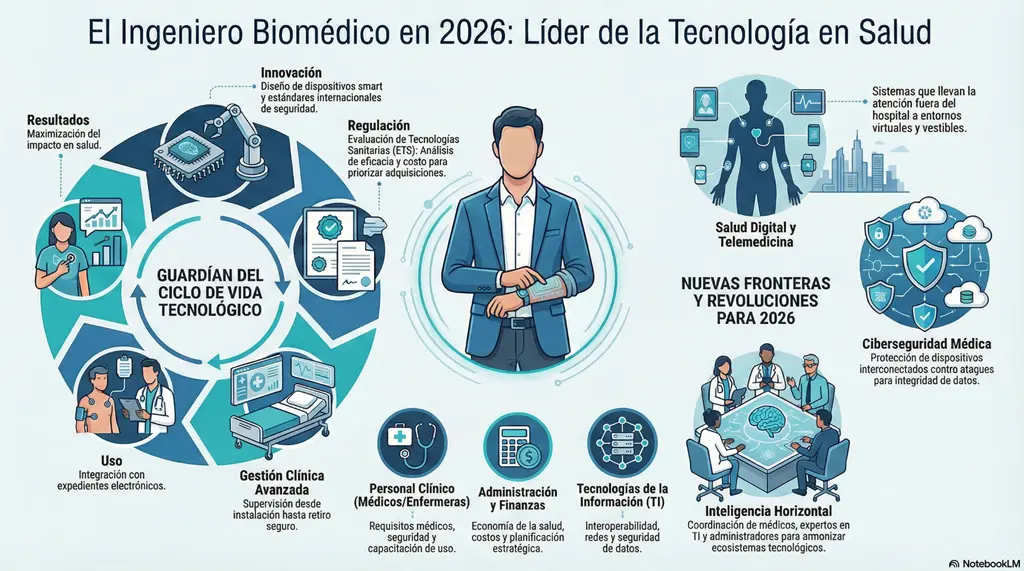 Qué hace un ingeniero biomédico en un hospital: infografía 2026 con su rol como líder de tecnología en salud, ciclo de vida tecnológico, innovación, regulación, salud digital y ciberseguridad médica.