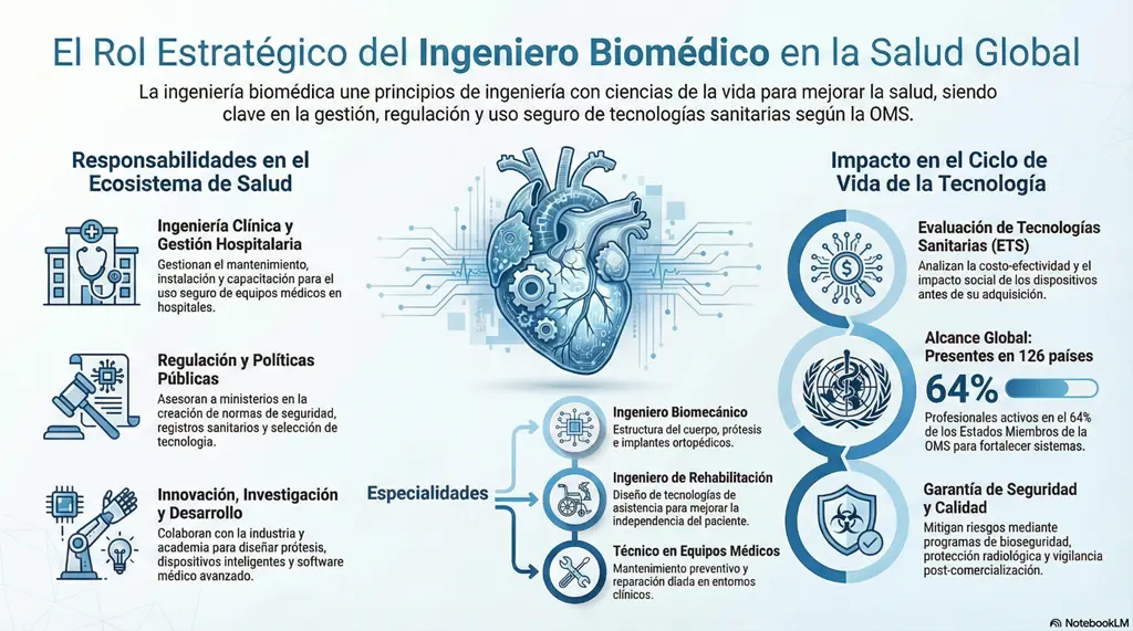 Qué hace un ingeniero biomédico en un hospital: infografía con funciones clave en ingeniería clínica, mantenimiento de equipos médicos, regulación y seguridad del paciente.