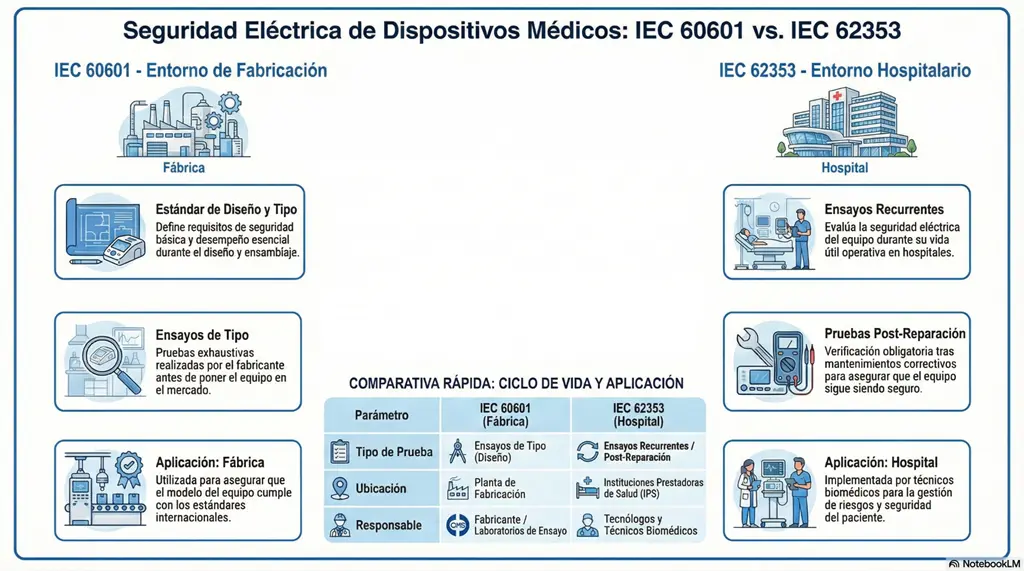 Seguridad eléctrica en equipos biomédicos: infografía comparativa IEC 60601-1 (fabricación) vs IEC 62353 (hospital) para pruebas en ciclo de vida