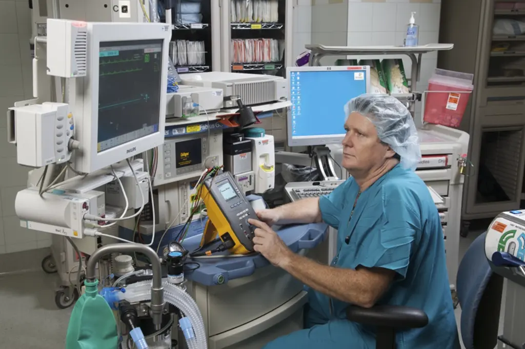 Seguridad eléctrica en equipos biomédicos: técnico biomédico realiza pruebas IEC 62353 (puesta a tierra, aislamiento y corrientes de fuga) en un equipo clínico