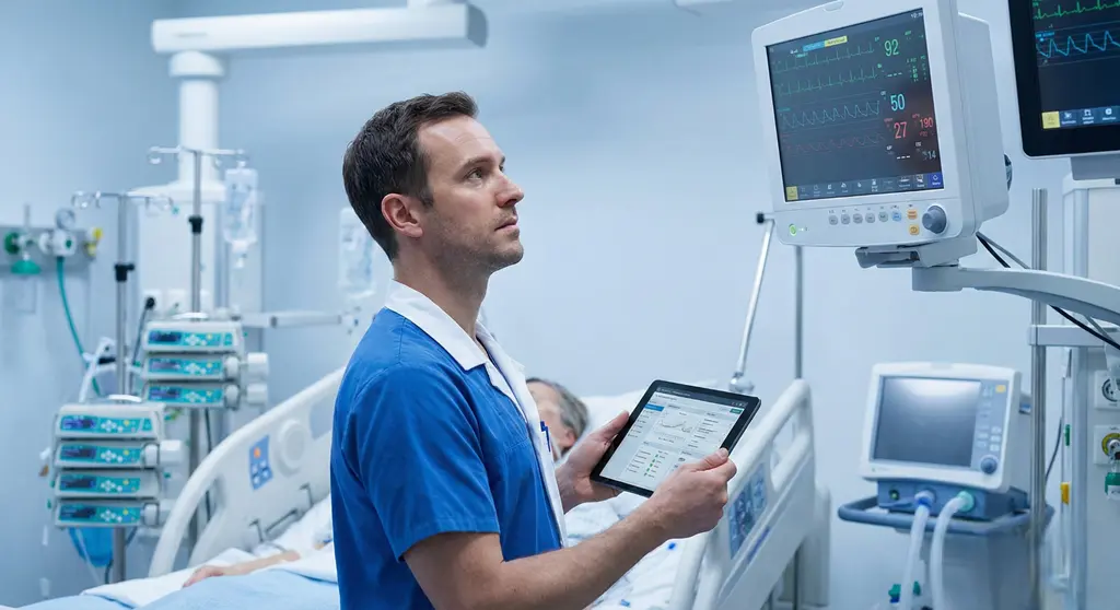 Seguridad eléctrica en equipos biomédicos: ingeniero clínico verifica un monitor en UCI con tablet y registra pruebas para trazabilidad digital