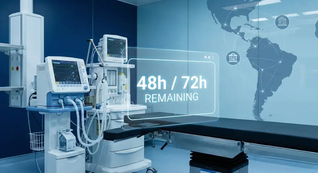 Seguridad hospitalaria: sala clínica con equipos biomédicos y contador “48h / 72h remaining” para reportes de tecnovigilancia en LATAM