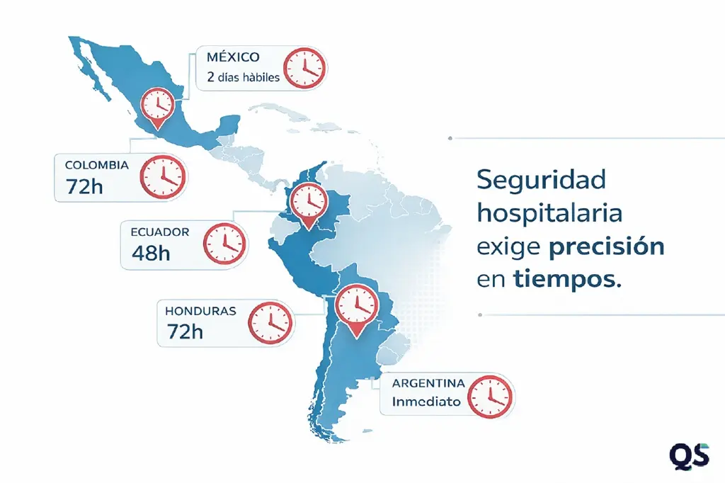 Mapa de Latinoamérica con plazos de tecnovigilancia que impactan la seguridad hospitalaria: Colombia 72h, Ecuador 48h, México 2 días hábiles, Argentina inmediato