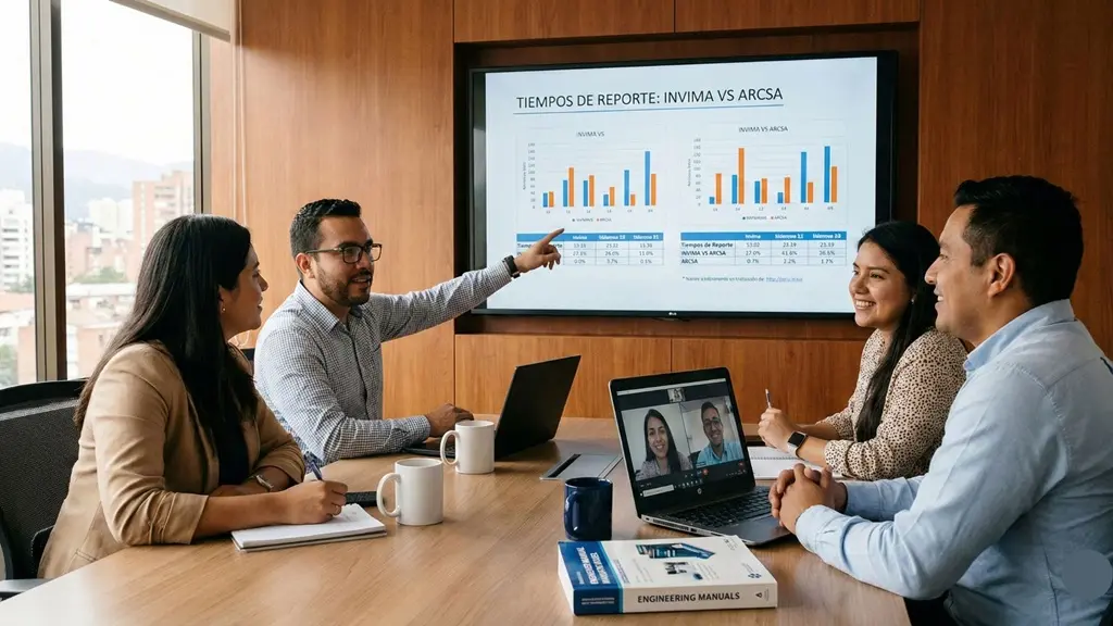 Seguridad hospitalaria: equipo analiza tiempos de reporte de tecnovigilancia (INVIMA vs ARCSA) en una reunión con tablero de indicadores