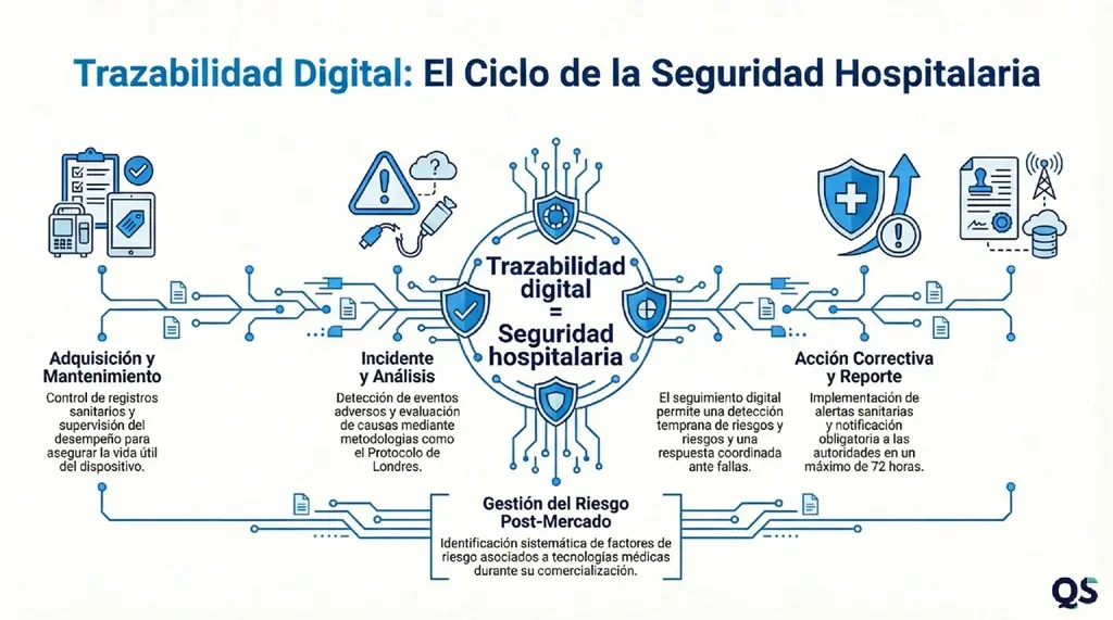 Infografía “Trazabilidad digital: ciclo de la seguridad hospitalaria” con etapas de adquisición y mantenimiento, incidente y análisis, gestión de riesgo post-mercado y acción correctiva con reporte (hasta 72 horas).