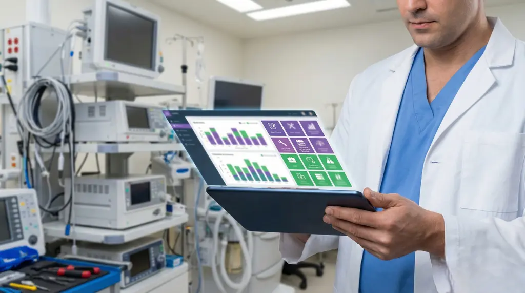 Sistema CMMS: ingeniero biomédico revisa en una tablet un dashboard de mantenimiento con KPIs y órdenes de trabajo, frente a equipos médicos en laboratorio/área técnica hospitalaria.