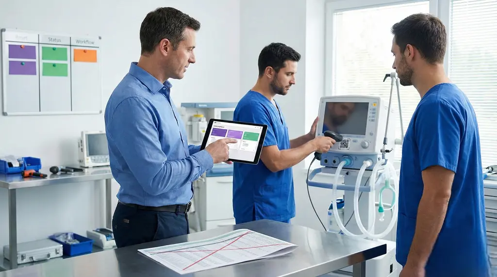 Sistema CMMS en ingeniería clínica: equipo biomédico realiza mantenimiento a un ventilador y registra trazabilidad con código QR, mientras un supervisor revisa órdenes de trabajo y estado en una tablet..