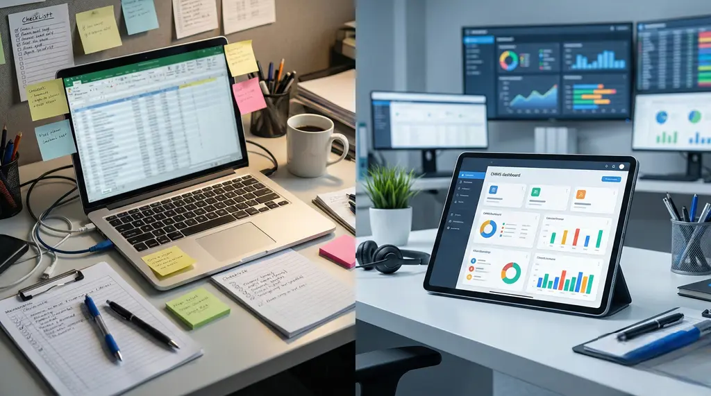 Sistema CMMS vs Excel: comparación entre gestión manual de mantenimiento en hojas de cálculo y un dashboard digital con KPIs, órdenes de trabajo y reportes en tiempo real