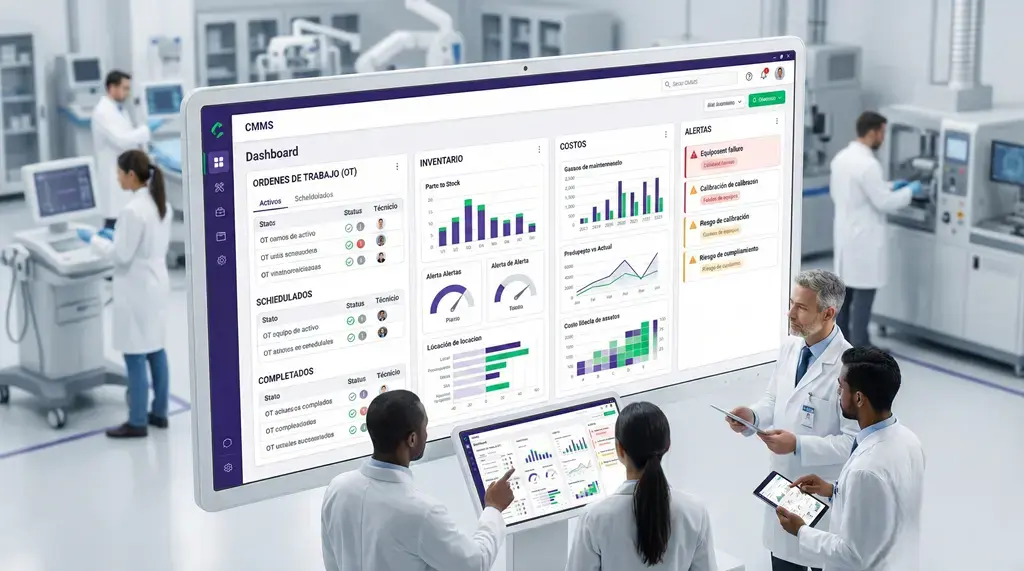 Sistema de gestión de mantenimiento computarizado (CMMS) en hospital con dashboard de OT, inventario, costos, alertas y KPIs