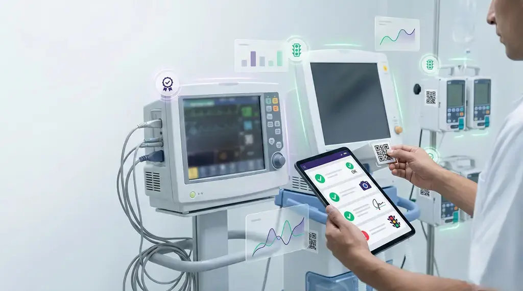Ingeniero clínico usando tablet y escaneo QR en equipo médico con un sistema de gestión de mantenimiento computarizado (CMMS).