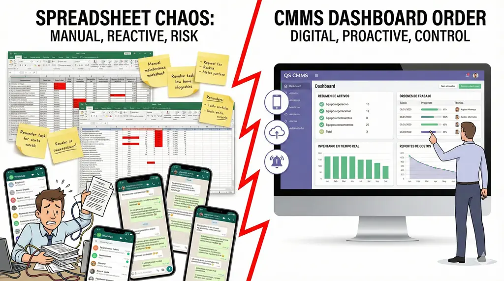 Comparación entre caos con hojas de cálculo y un sistema de gestión de mantenimiento computarizado (CMMS) con dashboard para control de órdenes, inventario y costos