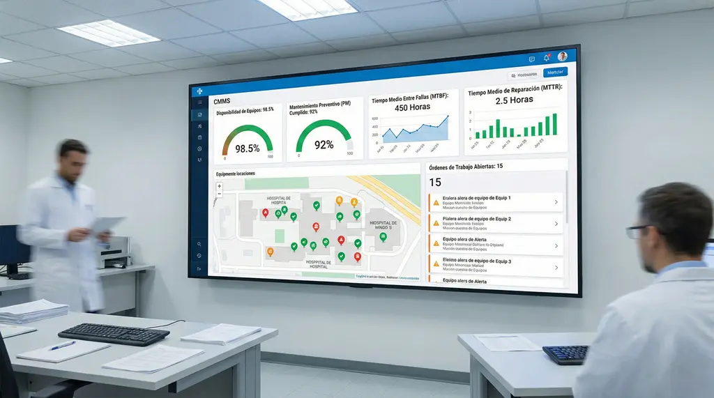 Software CMMS en hospital: tablero en pantalla grande con KPIs (disponibilidad, cumplimiento de mantenimiento preventivo, MTBF y MTTR), mapa de equipos y lista de órdenes de trabajo abiertas.
