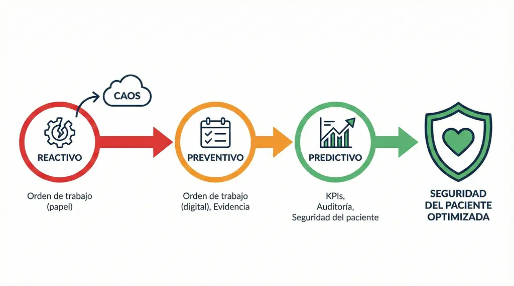 Software CMMS: diagrama de evolución del mantenimiento de reactivo (papel/caos) a preventivo (digital con evidencia) y predictivo (KPIs, auditoría) para optimizar la seguridad del paciente.