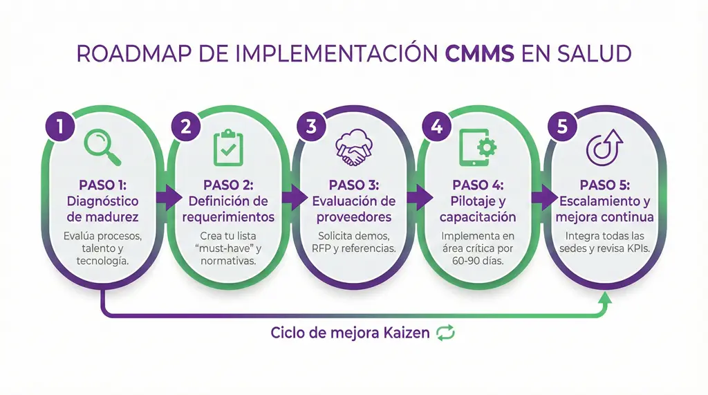 Software CMMS: roadmap de implementación en salud con 5 pasos: diagnóstico de madurez, definición de requerimientos, evaluación de proveedores, pilotaje y capacitación, y escalamiento con mejora continua.