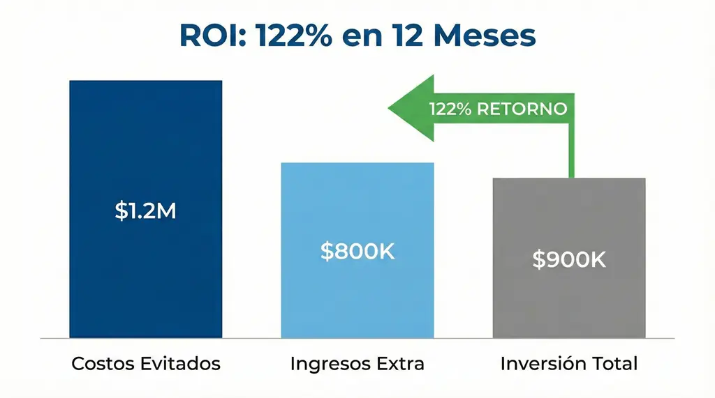 Software CMMS: gráfico de ROI 122% en 12 meses con costos evitados ($1.2M), ingresos extra ($800K) e inversión total ($900K).