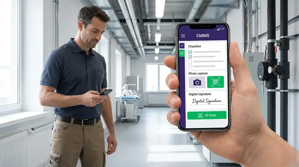 Operario usando una app de software de mantenimiento CMMS en el móvil con checklist, captura de foto, firma digital y escaneo QR para registrar órdenes de trabajo en campo.