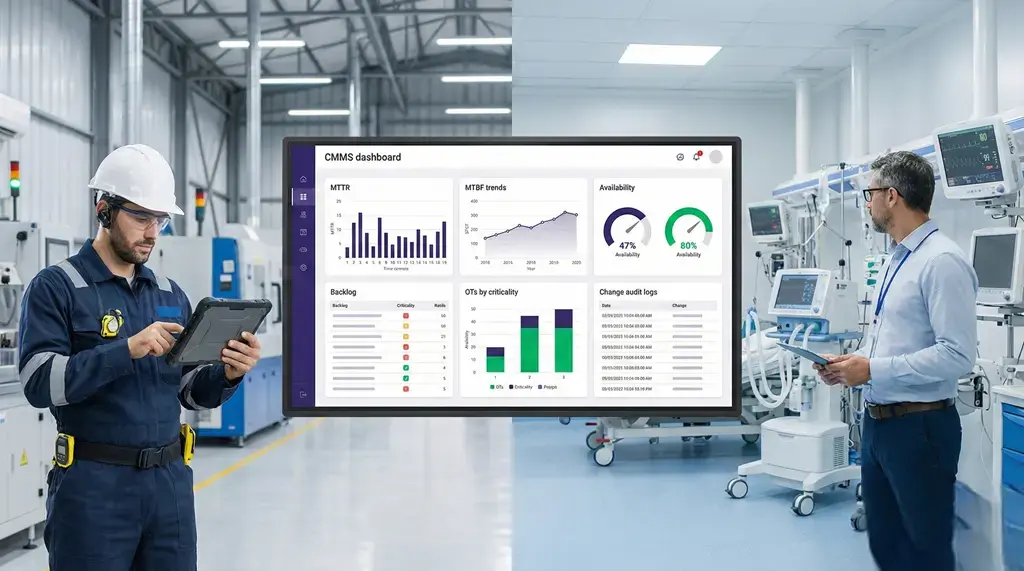 Técnico y profesional clínico revisan un software de mantenimiento CMMS en una pantalla con dashboard de KPIs, disponibilidad y órdenes de trabajo para controlar mantenimiento preventivo y correctivo..