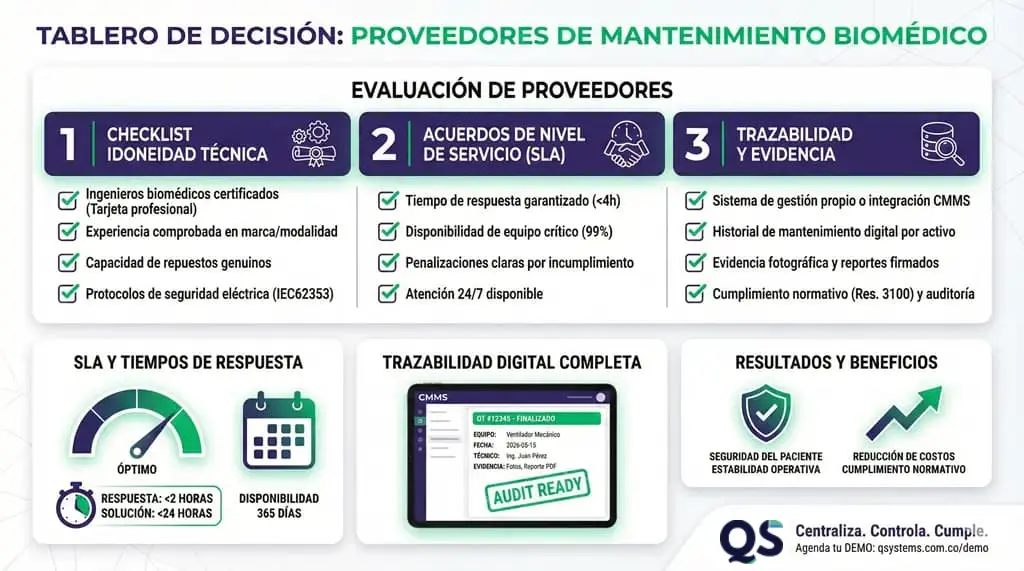 Tablero de decisión para mantenimiento biomedico: checklist, SLA y trazabilidad/evidencia para evaluar proveedores