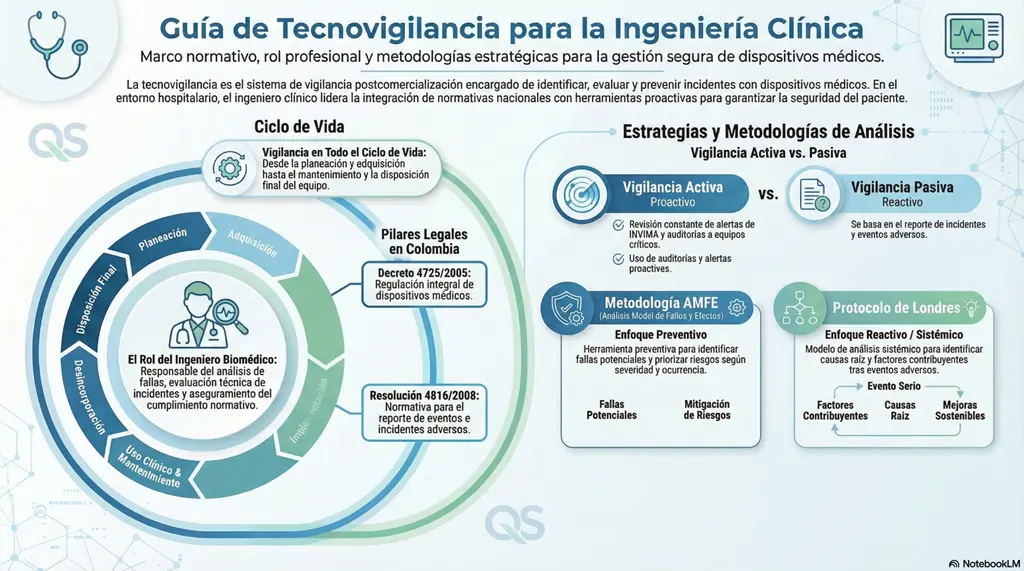 Tecnovigilancia: guía para ingeniería clínica con ciclo de vida, vigilancia activa vs pasiva, AMFE y Protocolo.