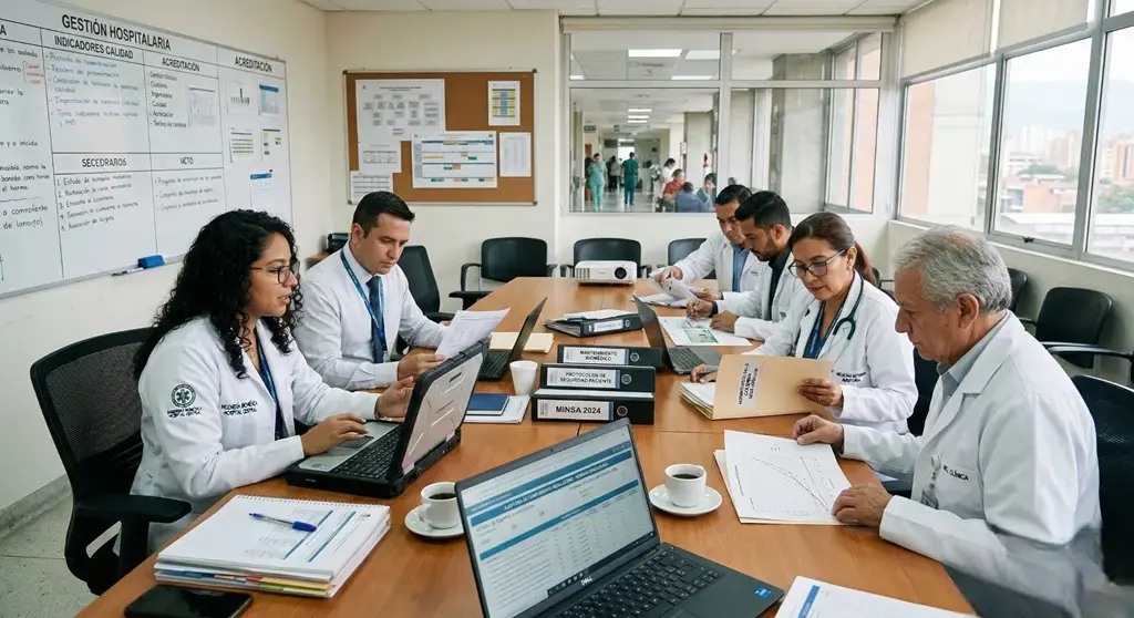 Auditoría de habilitación: comité de calidad e ingeniería clínica revisa indicadores, trazabilidad y evidencias para cumplimiento hospitalario.