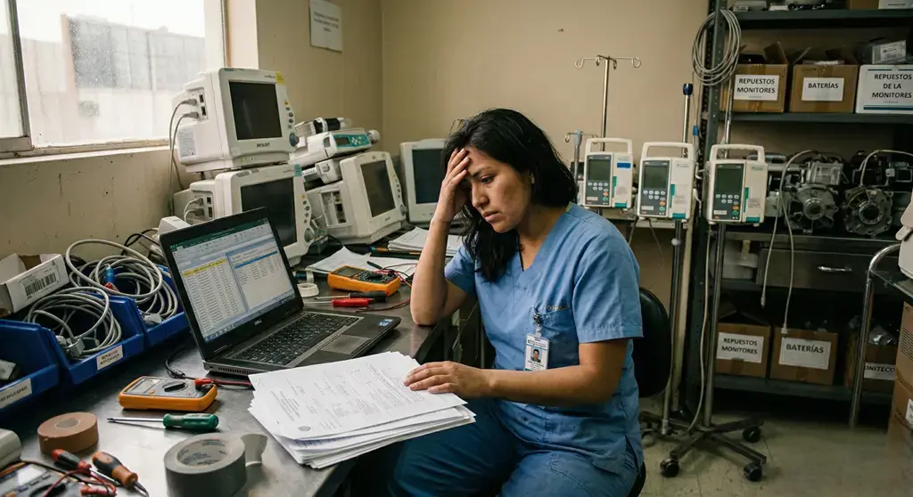 Auditoría de habilitación: profesional biomédica revisa documentos, inventario y registros en taller clínico antes de una auditoría