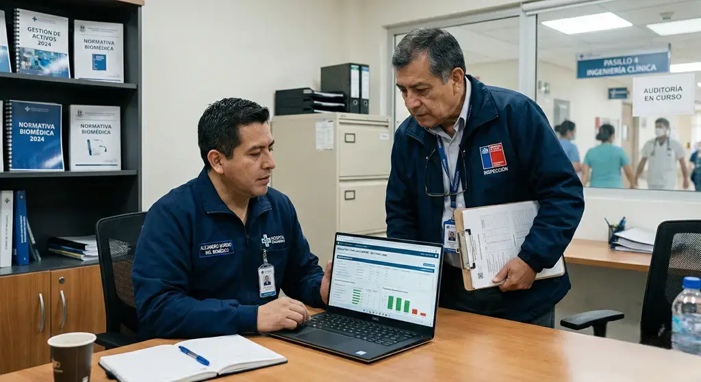 Auditoría de habilitación: inspector y biomédico revisan tablero de indicadores y evidencias de gestión de equipos en ingeniería clínica.