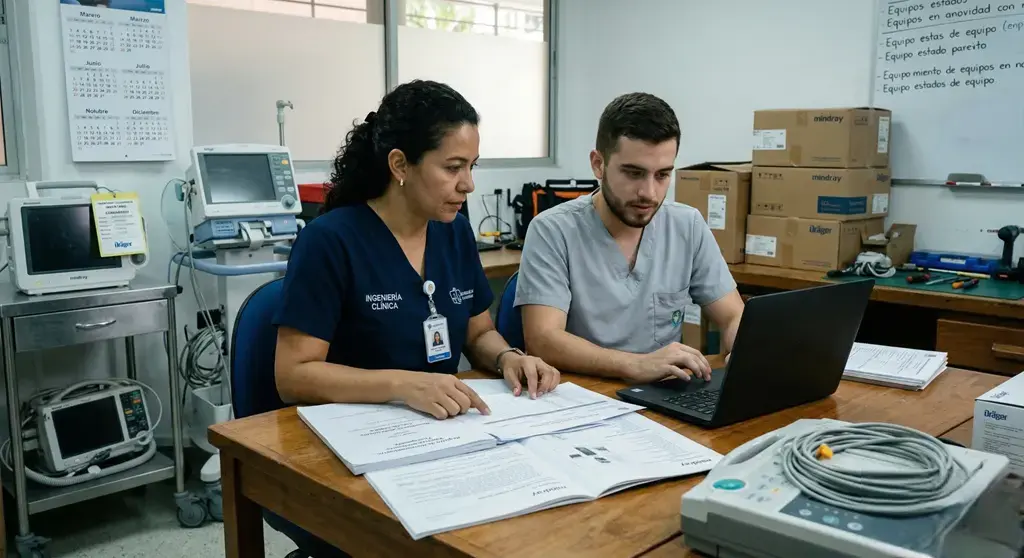Auditoría de habilitación: equipo de ingeniería clínica revisa inventario, hojas de vida y evidencias de mantenimiento para trazabilidad.