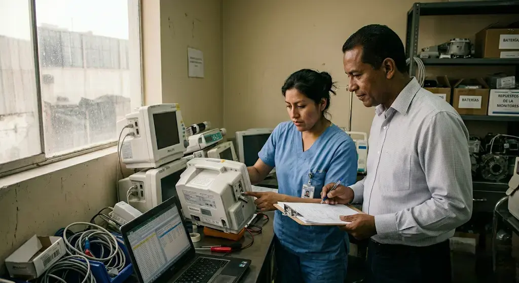 Auditoría de habilitación: profesional biomédica y auditor verifican un equipo médico con checklist y registro de evidencias