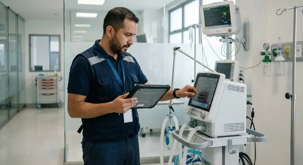 Auditoría de habilitación: ingeniero biomédico verifica un ventilador con tablet y registra evidencia y trazabilidad del equipo en hospital