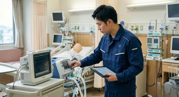 Mantenimiento en equipos biomédicos: técnico verifica ventilador y monitor en habitación hospitalaria con apoyo de tablet