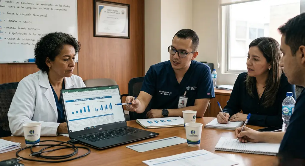 Modelos de acreditación internacionales: comité de calidad revisa indicadores y evidencias en reunión para cumplir estándares hospitalarios