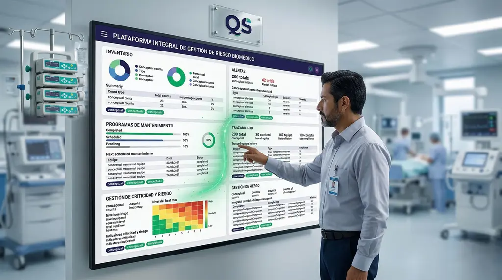 Modelos de acreditación internacionales: dashboard QS de gestión de riesgo biomédico con inventario, alertas, mantenimiento y trazabilidad en hospital