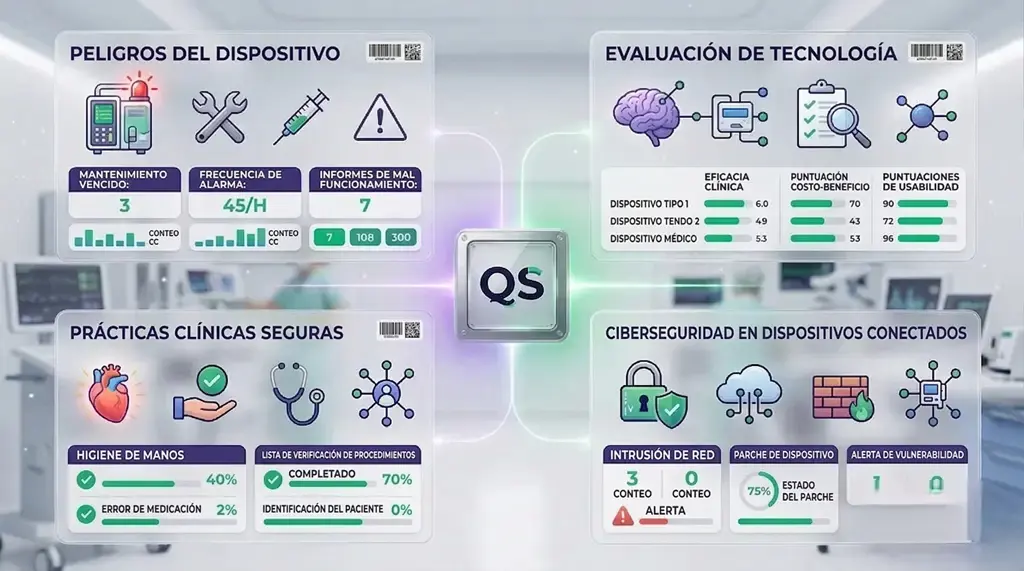 Modelos de acreditación internacionales: dashboard con riesgos del dispositivo, evaluación tecnológica, prácticas clínicas seguras y ciberseguridad.