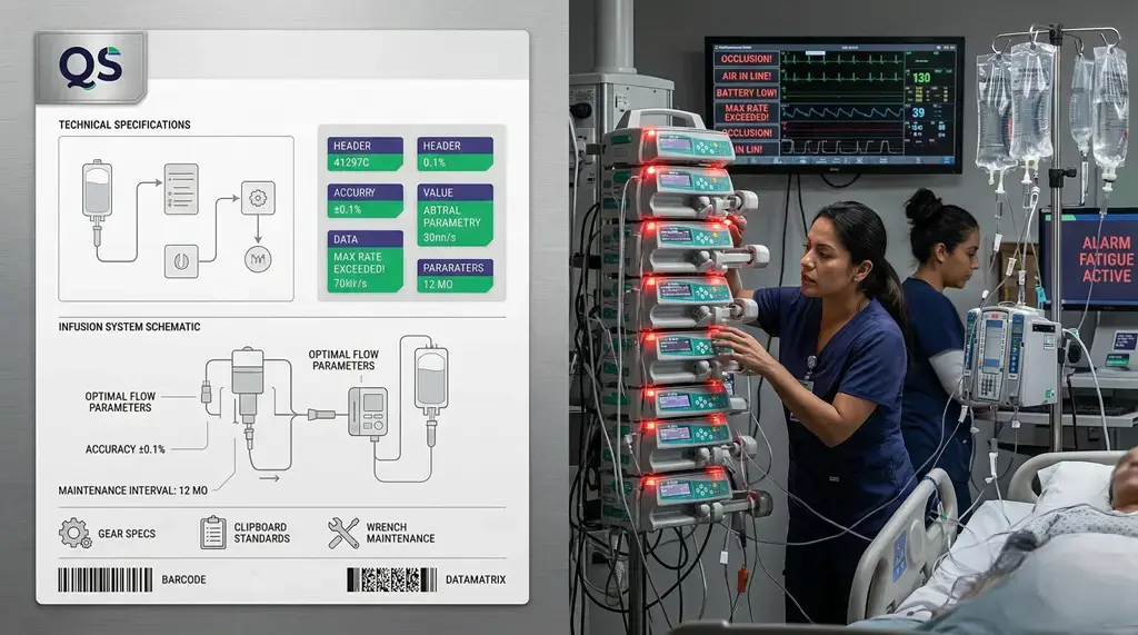 Modelos de acreditación internacionales: enfermería gestiona bombas de infusión en UCI con alarmas, mientras se documentan especificaciones técnicas, mantenimiento y trazabilidad del equipo.