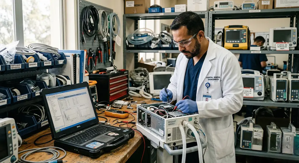 Modelos de acreditación internacionales: ingeniero biomédico realiza mantenimiento y pruebas en ventilador con trazabilidad y registro técnico en taller biomédico