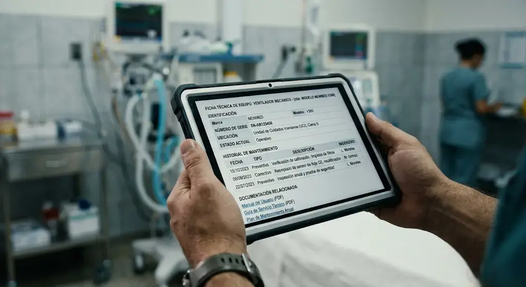 Sistema de fichas tecnicas de equipo biomédico consultado en tablet con historial de mantenimiento y datos de identificación