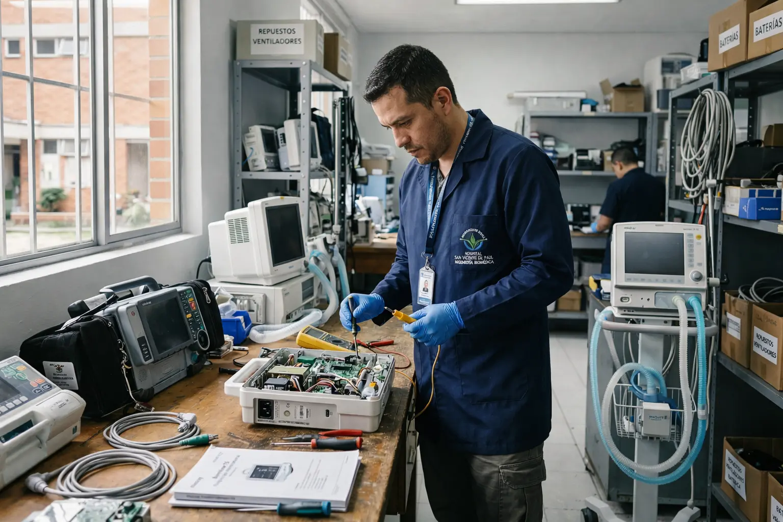 Ingeniero biomédico realizando mantenimiento correctivo a un ventilador en taller hospitalario para optimizar decisiones de CAPEX y OPEX.