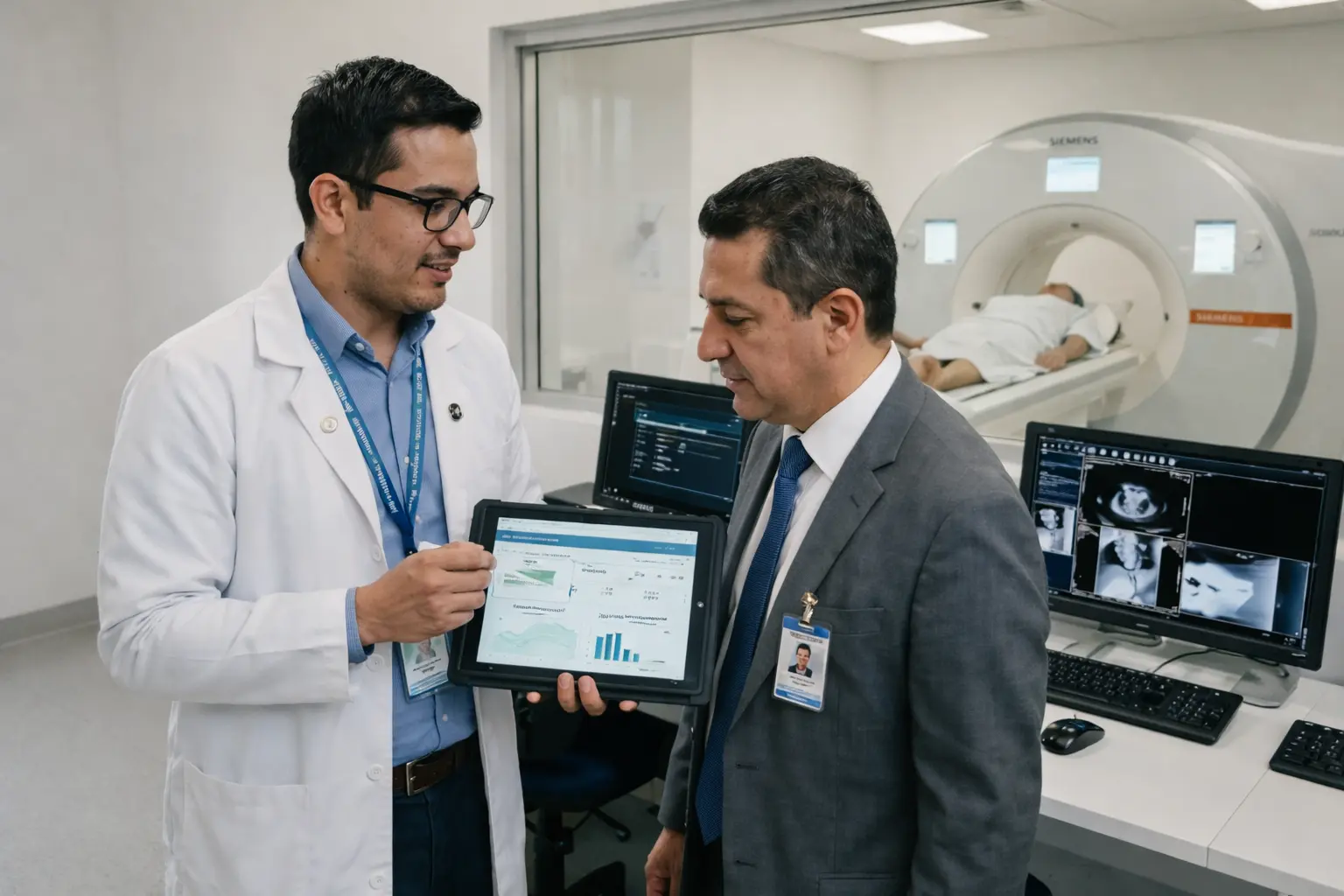 Ingeniero biomédico presenta indicadores de CAPEX y OPEX en una tablet a un directivo hospitalario dentro del área de diagnóstico por imagen.