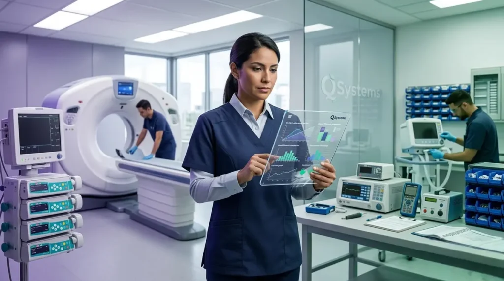 Ingeniera biomédica analizando indicadores de CAPEX y OPEX en equipos médicos dentro de un entorno hospitalario.