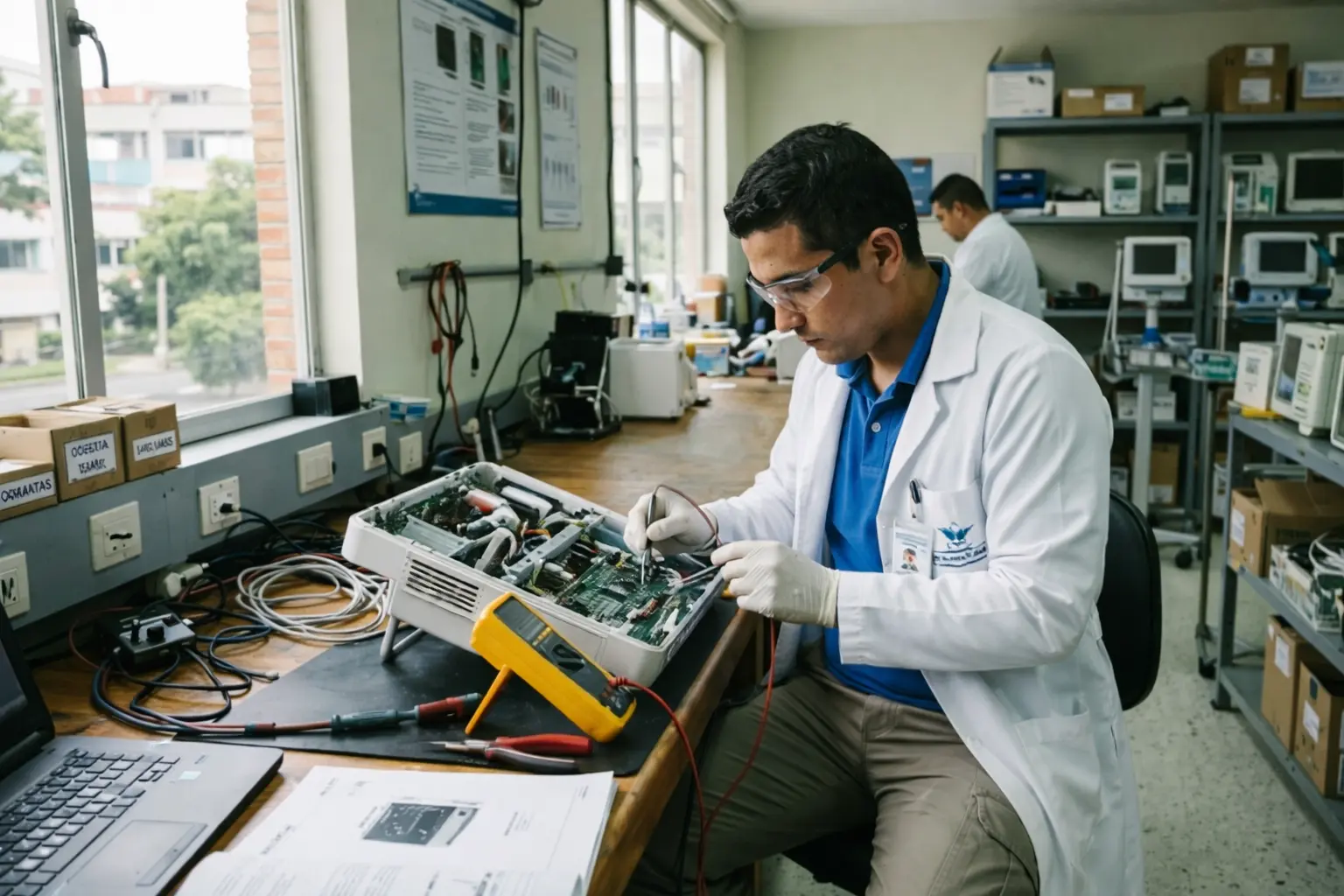 Ingeniero biomédico realizando diagnóstico técnico y mantenimiento de equipo médico para optimizar decisiones CAPEX y OPEX en hospital.