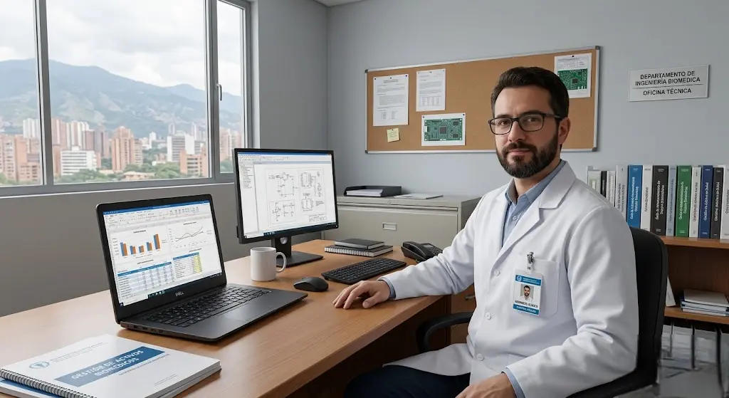 Ingeniero biomédico analizando indicadores de CAPEX y OPEX en oficina técnica hospitalaria.